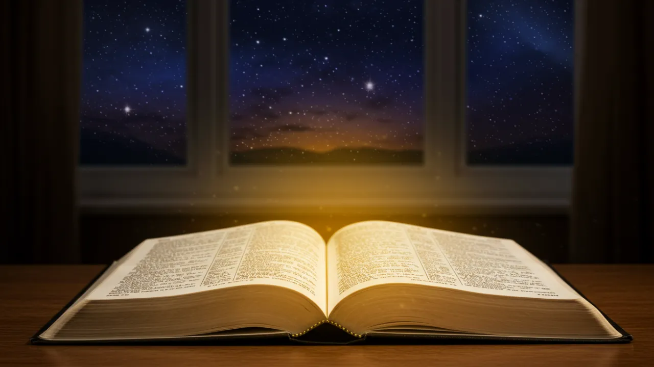 Uma Bíblia aberta com destaque para o livro dos Salmos, iluminada por uma suave luz dourada, sobre uma mesa de madeira. Ao fundo, uma janela mostra um céu estrelado e tranquilo.