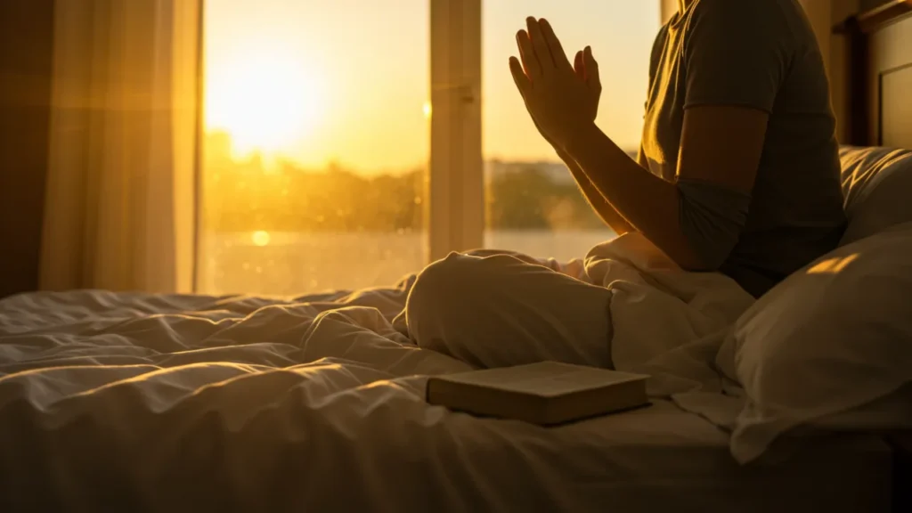 Uma pessoa sentada na cama ao amanhecer, com expressão serena, mãos em posição de oração e luz dourada do sol nascente entrando pela janela. Uma Bíblia aberta repousa na mesa de cabeceira ao lado.
