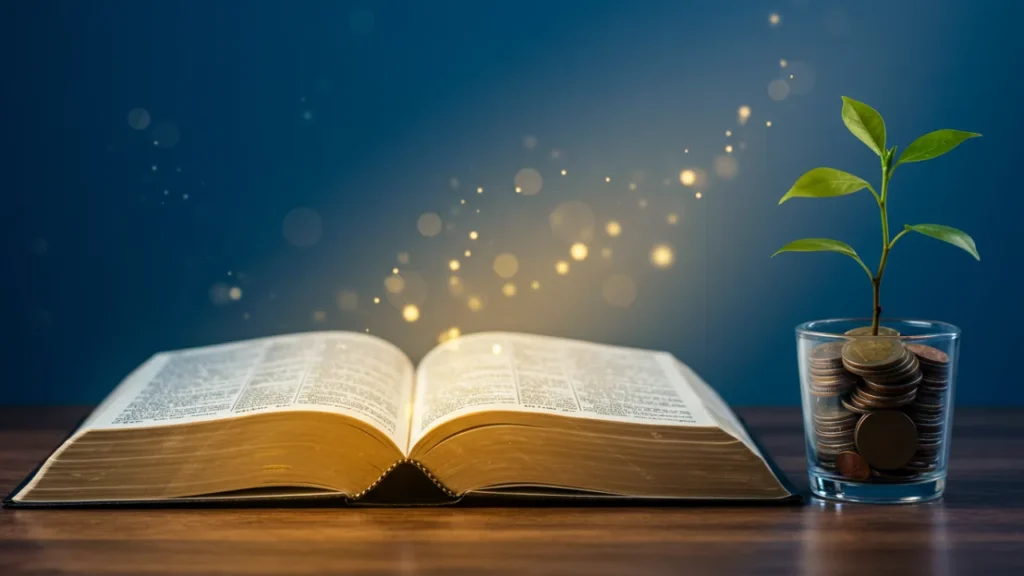 Bíblia aberta e planta crescendo em moedas simbolizando equilíbrio financeiro através da fé