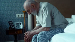 Uma pessoa de joelhos em oração ao lado da cama, com a luz suave do luar entrando pela janela, criando um ambiente sereno e íntimo. Um exemplar aberto da Bíblia está visível no criado-mudo, com uma vela acesa próxima.