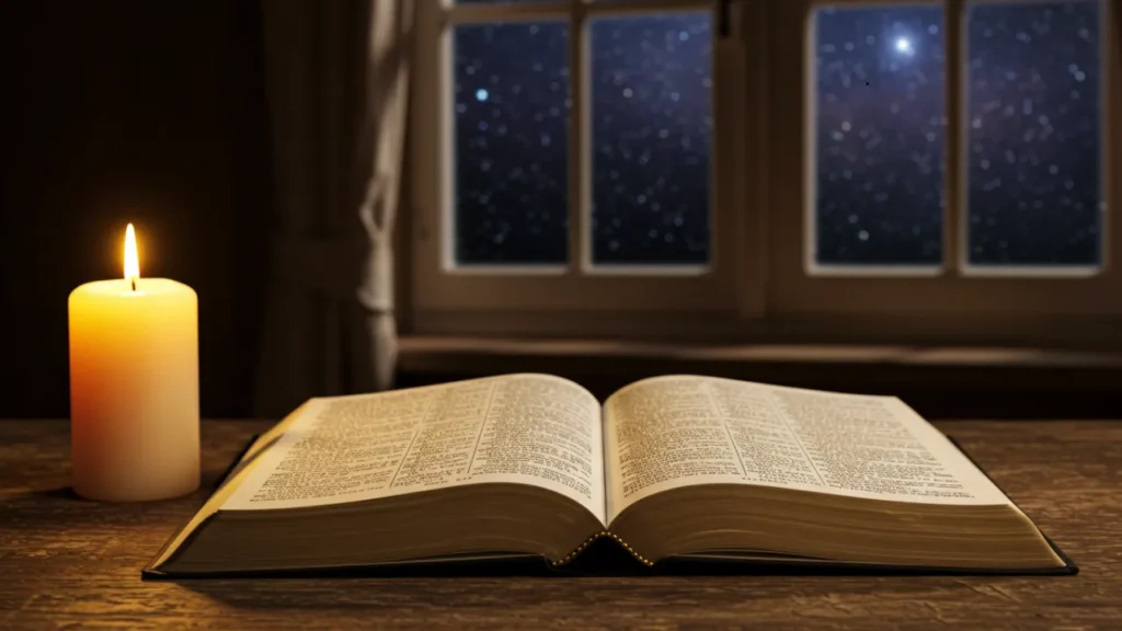 Bíblia aberta iluminada por luz dourada em ambiente noturno
