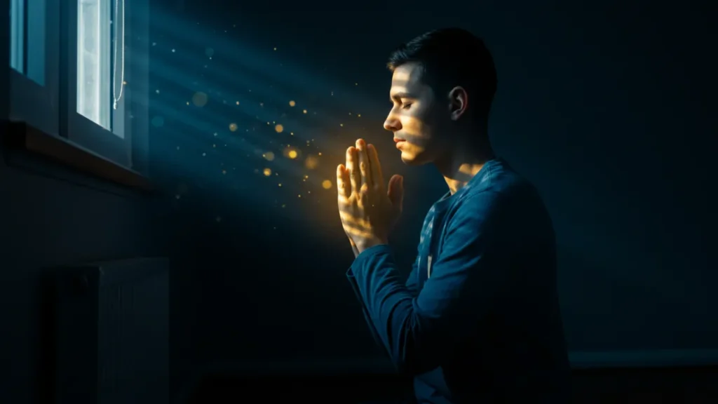 Momento íntimo de oração noturna que simboliza o caminho para a libertação do sofrimento através da conexão espiritual perseverante.