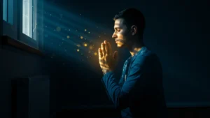 Momento íntimo de oração noturna que simboliza o caminho para a libertação do sofrimento através da conexão espiritual perseverante.