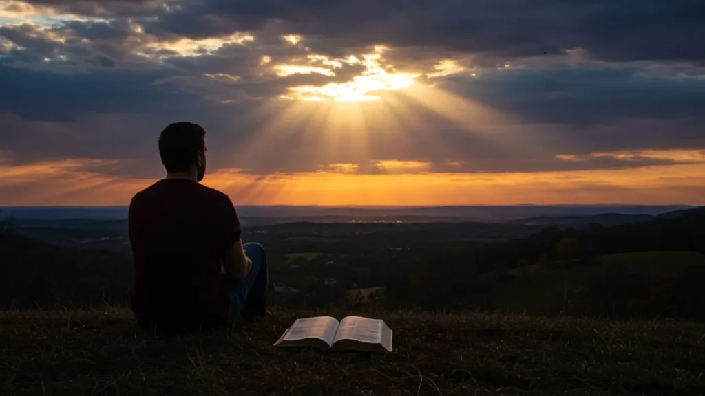 Pessoa contemplando o pôr do sol com uma Bíblia aberta, simbolizando esperança nos Salmos