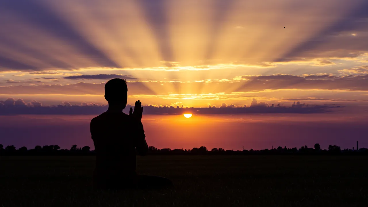 Pessoa em oração contemplando o pôr do sol