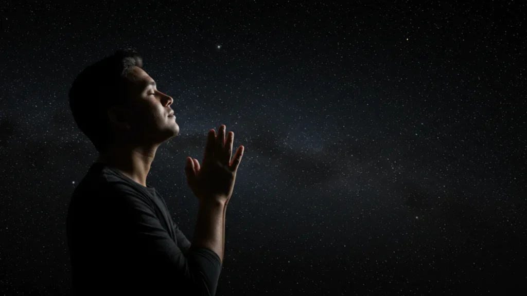 Pessoa orando com gratidão sob céu estrelado noturno