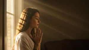 Pessoa orando tranquilamente ao amanhecer