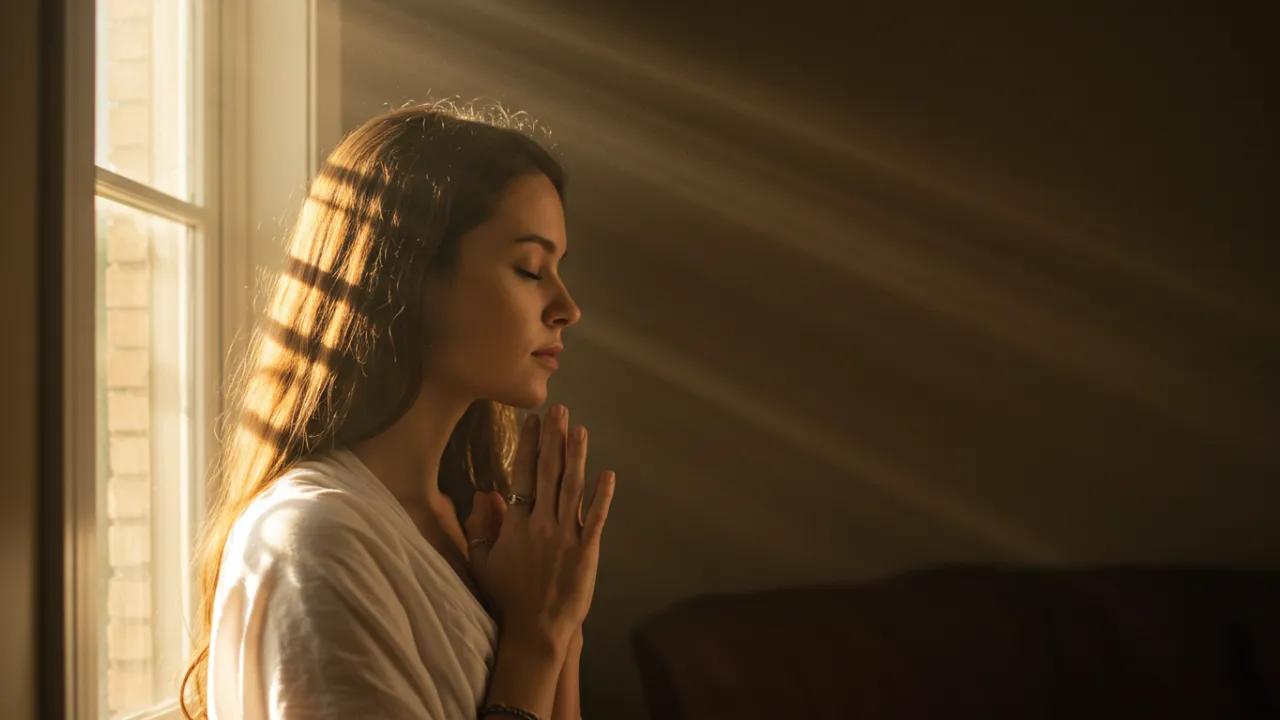 Pessoa orando tranquilamente ao amanhecer