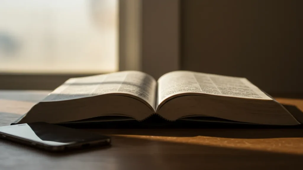 Livro de Salmos aberto sob luz do amanhecer com elementos da vida moderna