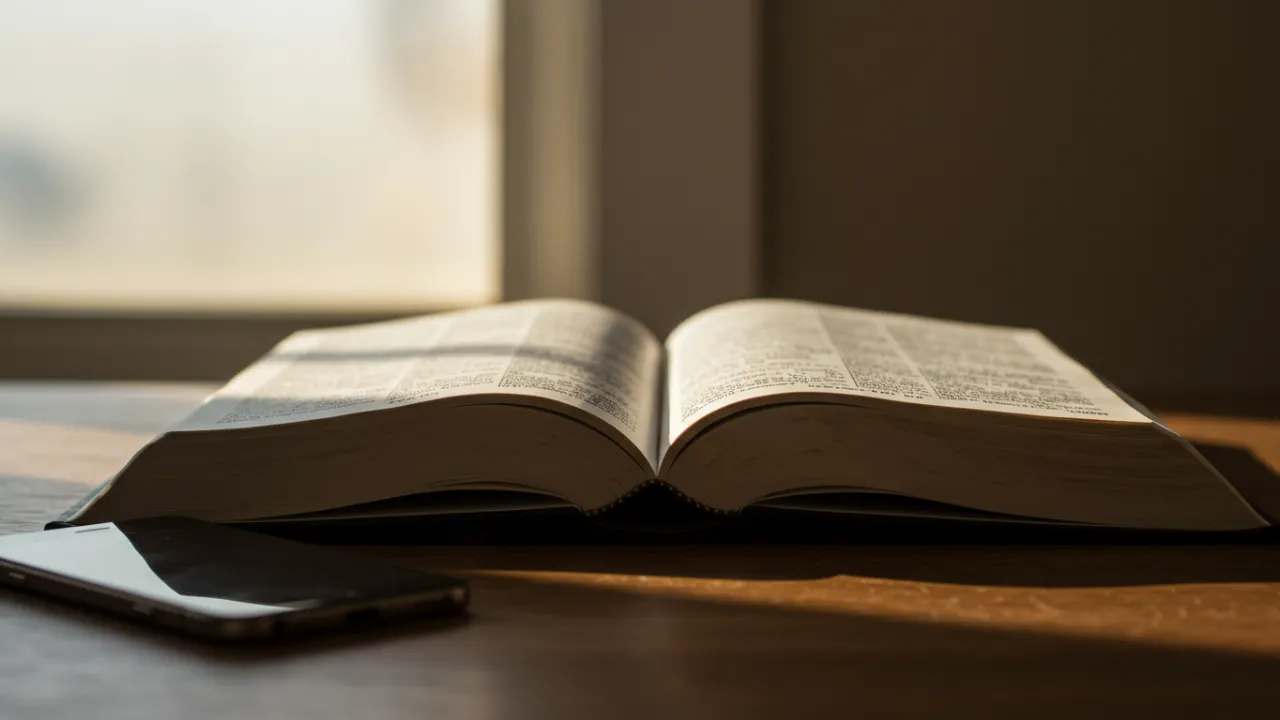 Livro de Salmos aberto sob luz do amanhecer com elementos da vida moderna
