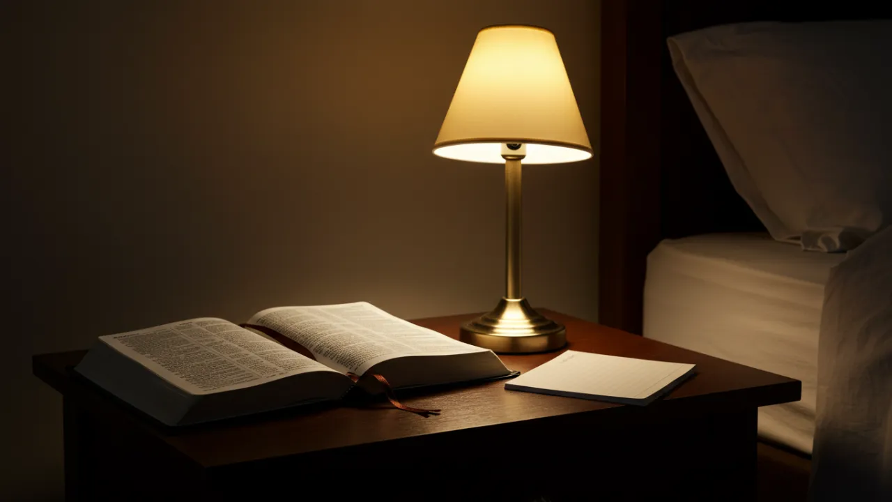 Bíblia aberta em uma mesa de cabeceira sob luz suave, criando um ambiente tranquilo para meditação noturna.