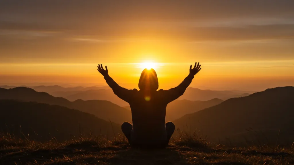 Pessoa em momento de oração tranquila ao nascer do sol simbolizando conexão divina profunda
