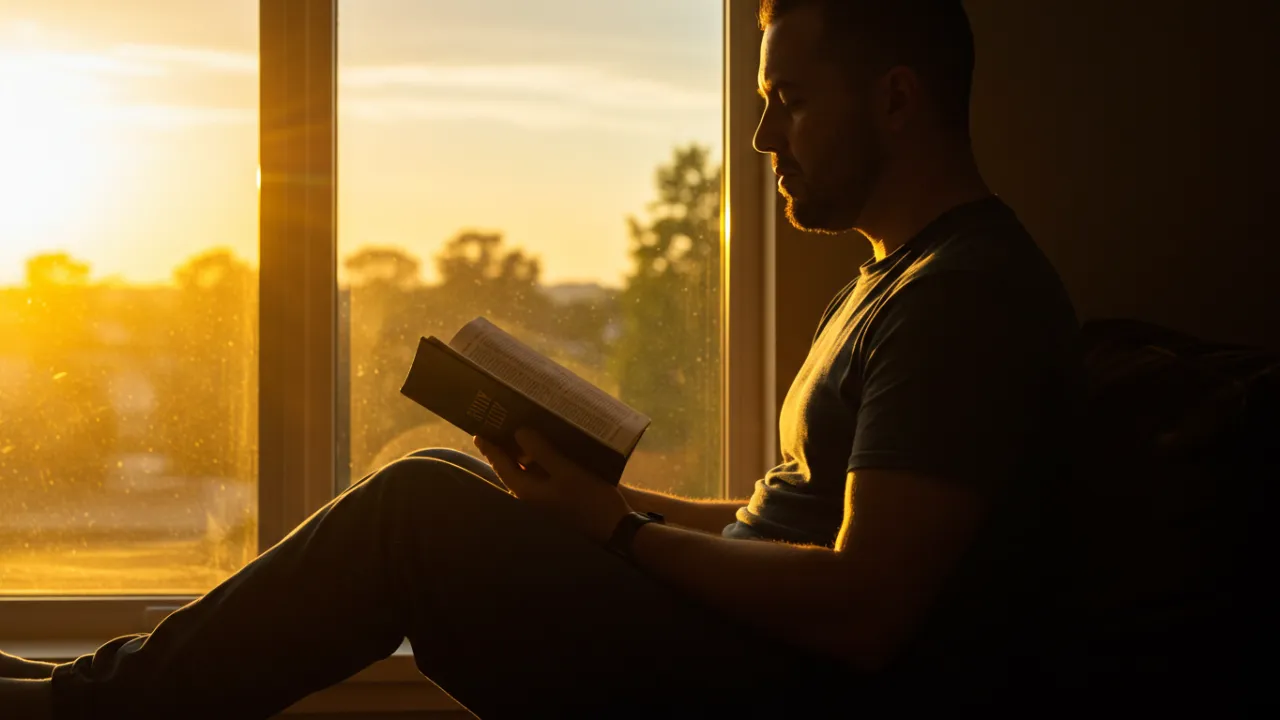 Pessoa em momento de reflexão matinal com a Bíblia aberta enquanto os primeiros raios de sol iluminam o ambiente