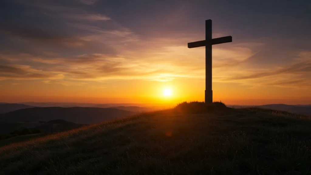 Cruz iluminada ao pôr do sol em cima de uma colina, simbolizando fé e sacrifício