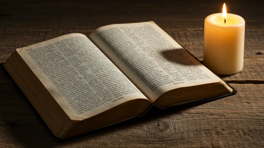 Bíblia aberta com destaque para o Salmo 91 em uma mesa rústica com vela acesa.