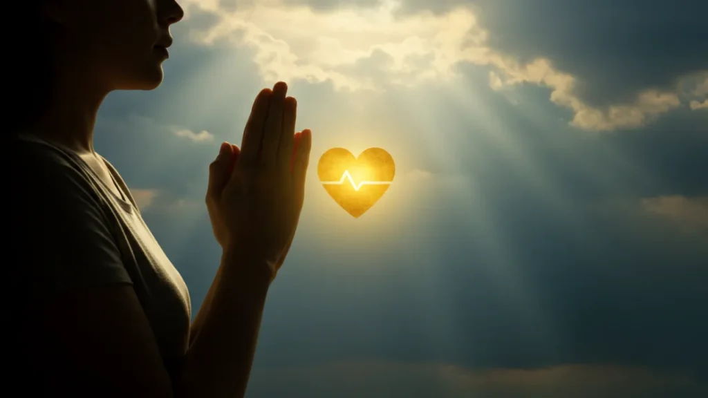 Mulher de mãos juntas em oração, com um raio de sol iluminando seu rosto e um coração aberto no centro, simbolizando cura física e espiritual