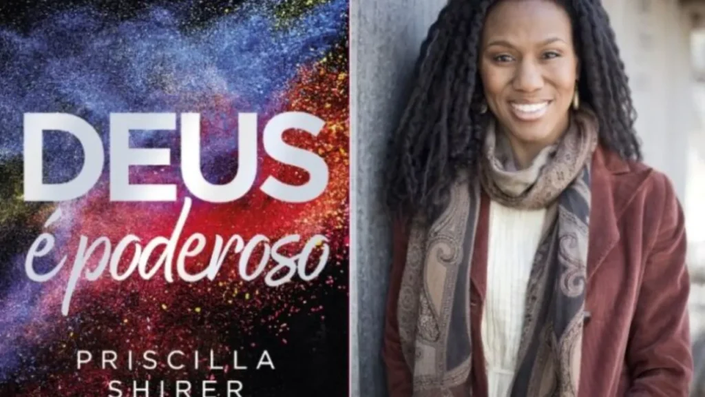 Priscilla Shirer orando com fé em meio às dificuldades, com expressão serena e cheia de esperança