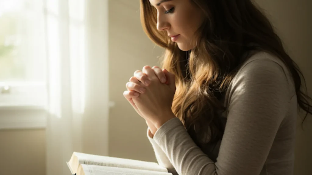 Uma pessoa orando com a Bíblia aberta no colo, com uma luz suave entrando pela janela atrás dela.