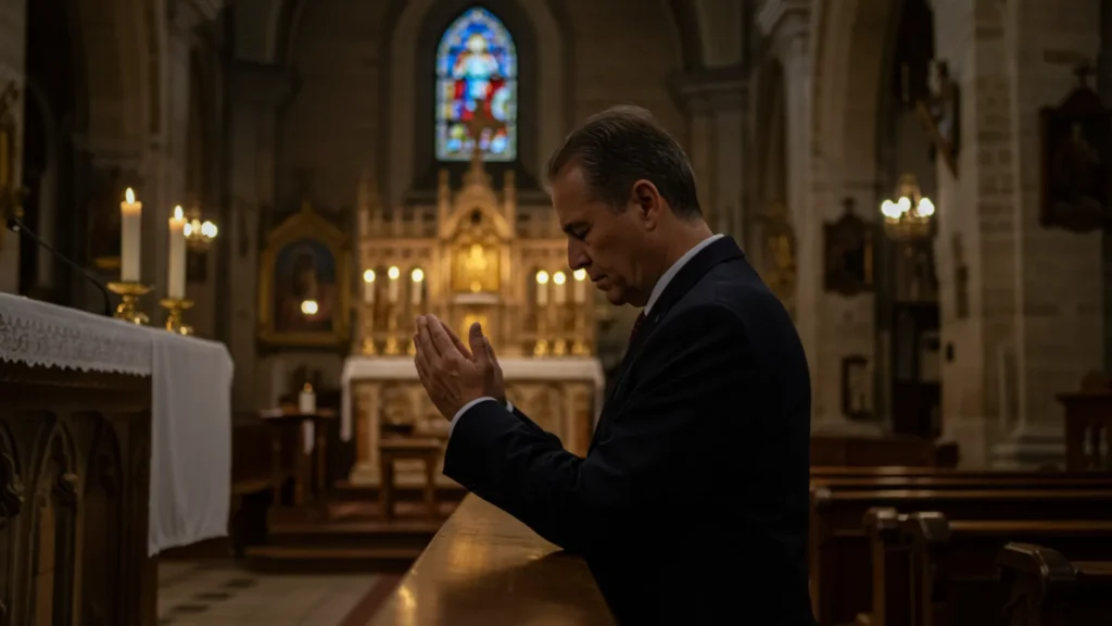 Uma pessoa orando em uma igreja.