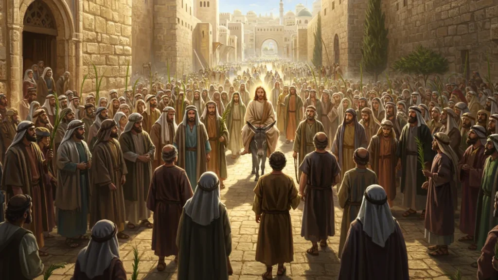 Jesus entrando em Jerusalém montado em um jumento, multidão com ramos nas mãos celebrando a chegada do Salvador