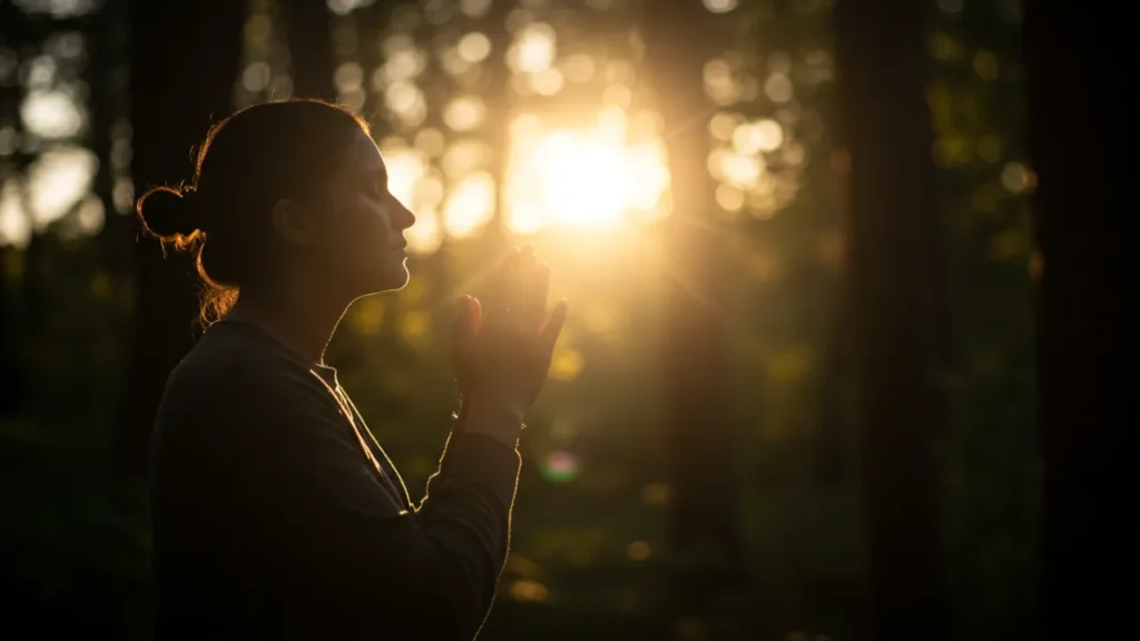 Pessoa em oração pela manhã entregando o dia nas mãos de Deus