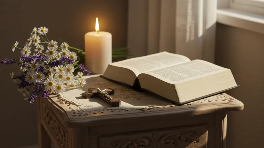 Cantinho de oração com crucifixo, Bíblia, vela e flores, transmitindo paz.
