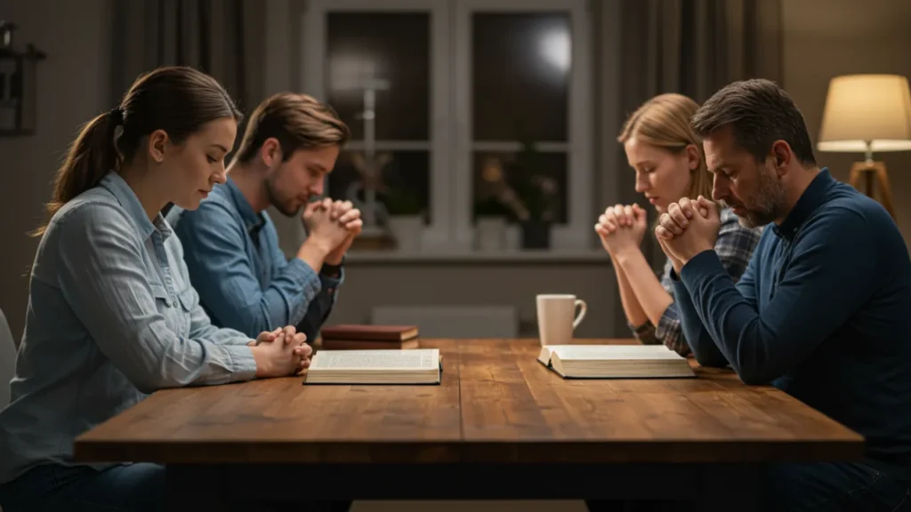 Família orando reunida em casa, com Bíblia aberta à mesa e clima acolhedor