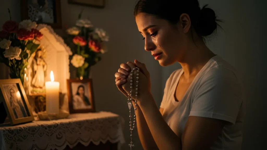 Mulher com olhar emocionado segurando terço diante de um altar doméstico, rezando o Salmo das Causas Impossíveis