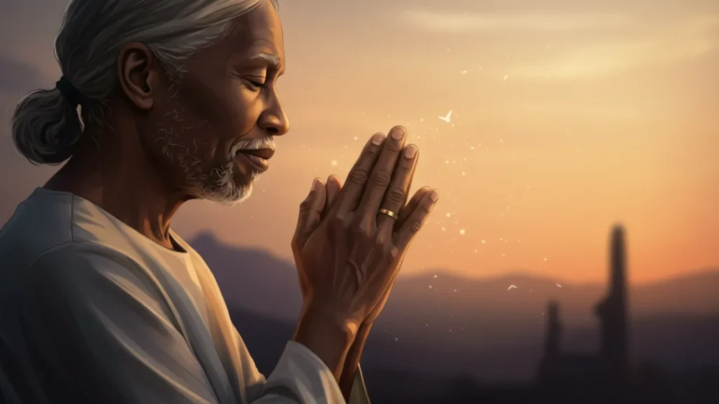 Ilustração serena de uma pessoa orando com as mãos unidas, representando a Oração do Pai Nosso