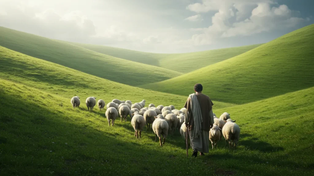 Pastor guiando o rebanho em um vale verde, representando o cuidado de Deus descrito no Salmo 23.