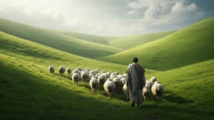 Pastor guiando o rebanho em um vale verde, representando o cuidado de Deus descrito no Salmo 23.