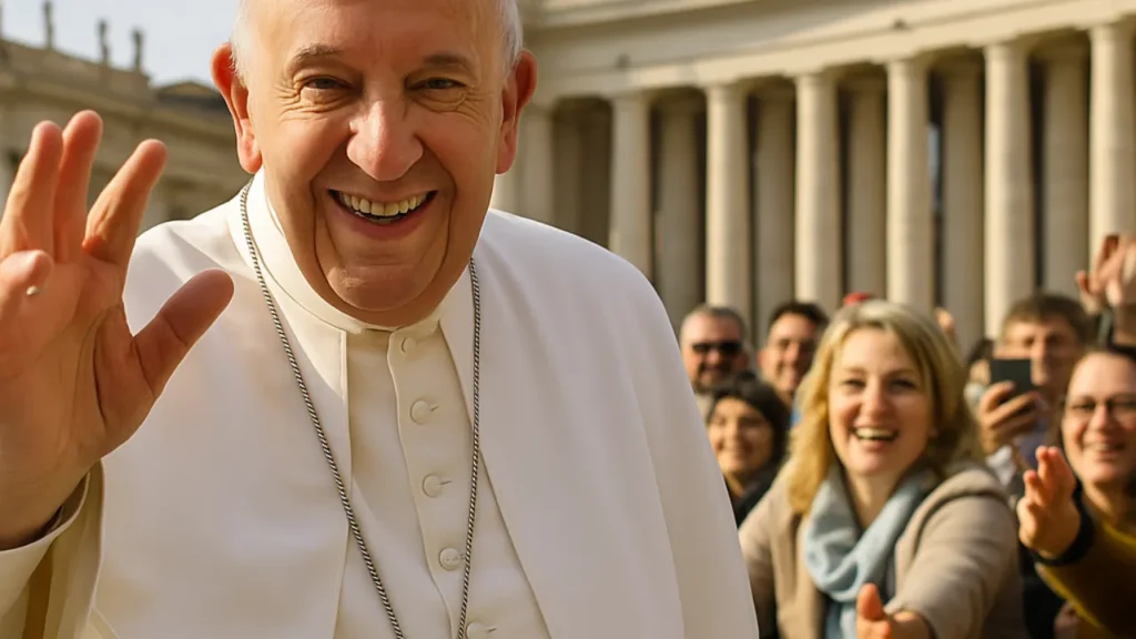 Papa Francisco sorridente com fiéis ao fundo em momento de benção pública.