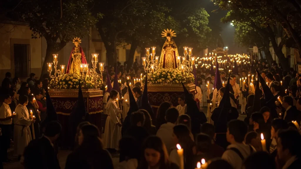Procissão de fiéis segurando velas durante celebração noturna da Semana Santa