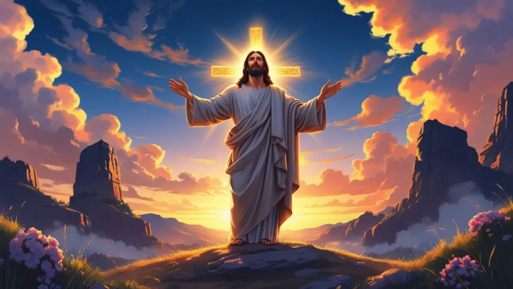 Jesus ressuscitado ao nascer do sol, simbolizando o Domingo de Páscoa e a vitória da vida sobre a morte