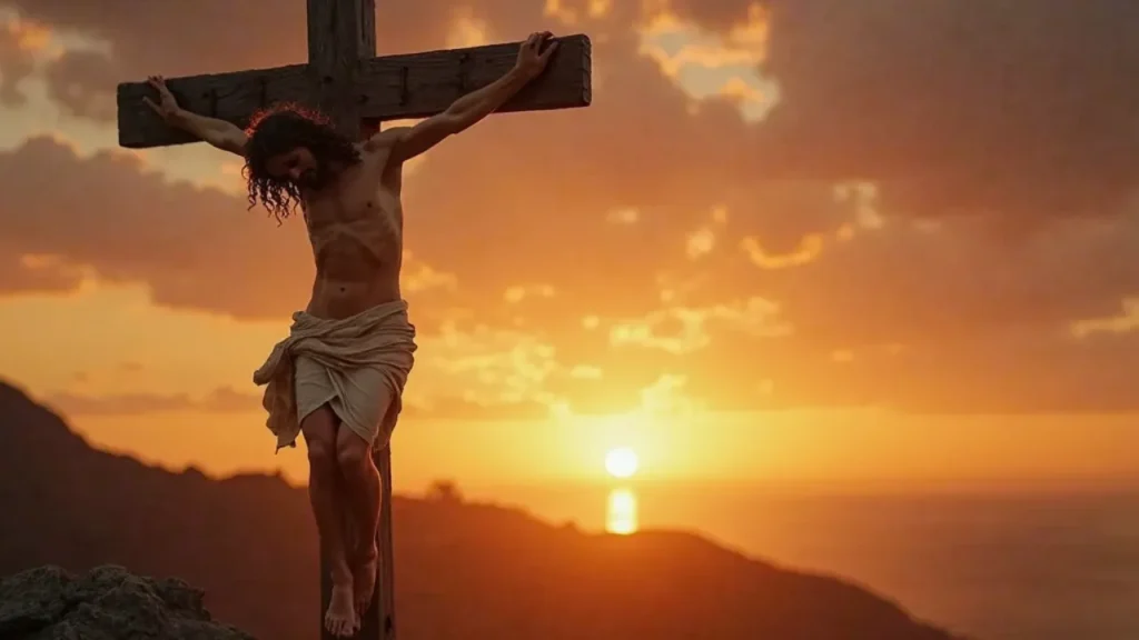 : Cruz iluminada ao entardecer representando o Sábado de Aleluia