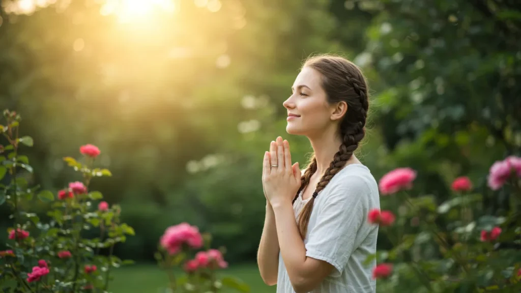 Mulher orando ao amanhecer em paz, representando a oração da manhã