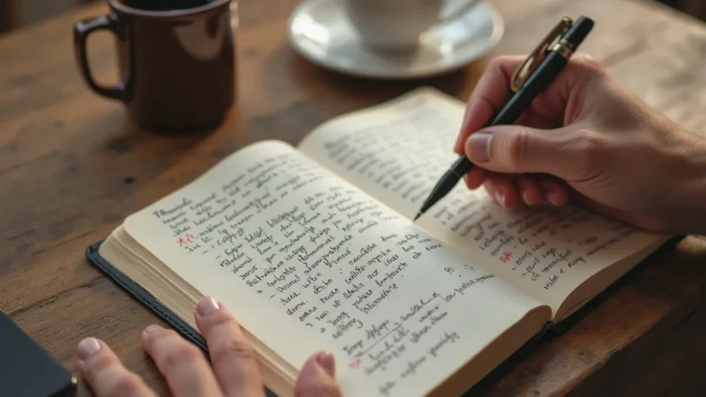 Pessoa escrevendo em diário com café - hábitos de silêncio com Deus
