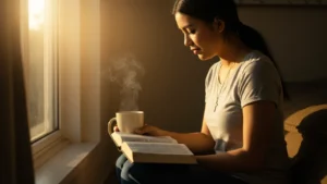 Mulher orando ao nascer do sol - meditação cristã para paz interior