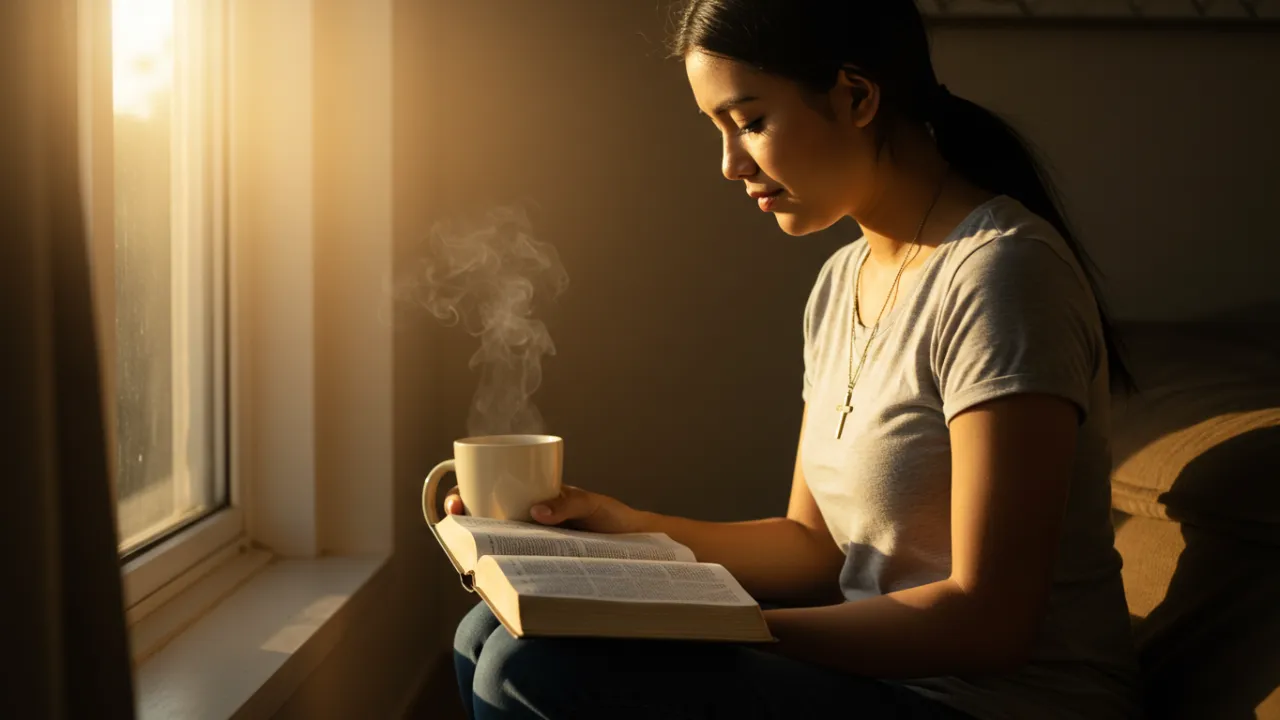 Mulher orando ao nascer do sol - meditação cristã para paz interior