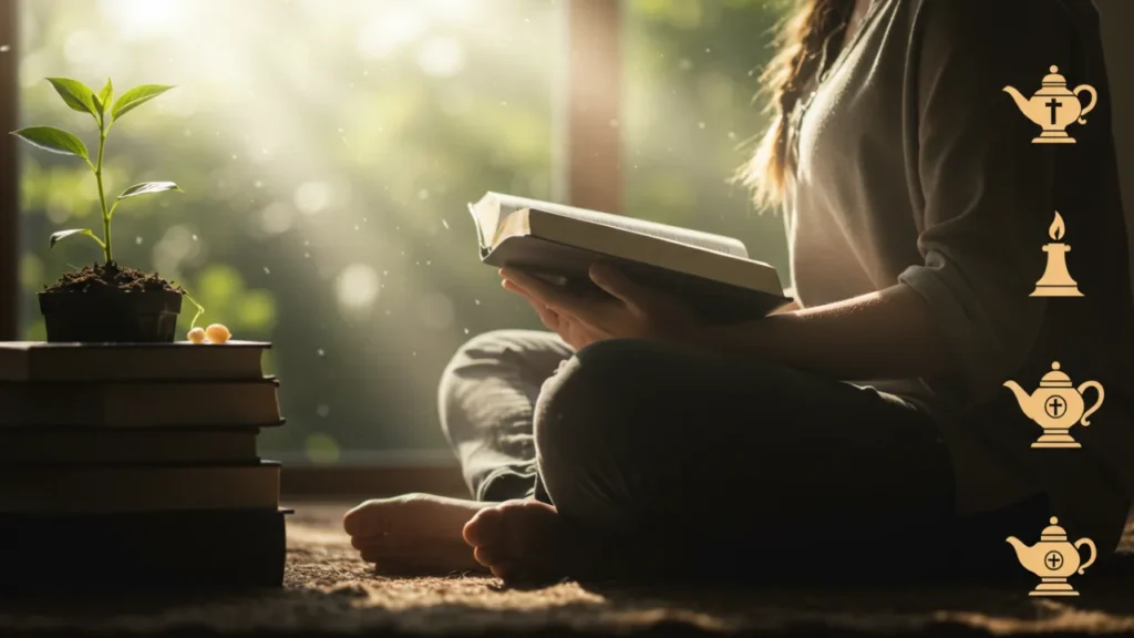 Pessoa meditando com Bíblia aberta em ambiente tranquilo e iluminado pela manhã