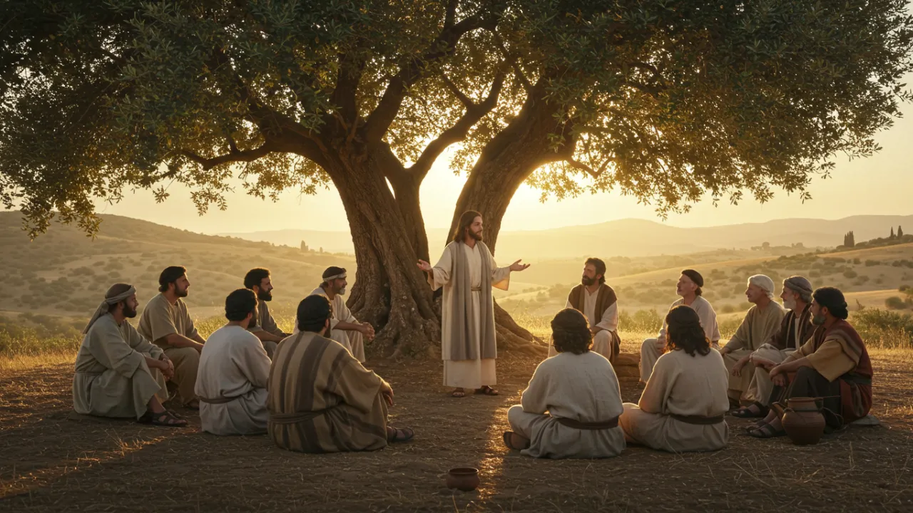 esus ensinando parábolas para um grupo de pessoas sob uma árvore ao pôr do sol