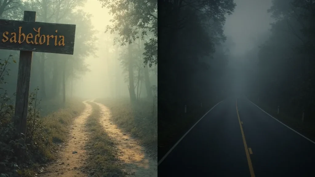 Encruzilhada com dois caminhos - um iluminado e outro sombrio, representando Provérbios 2