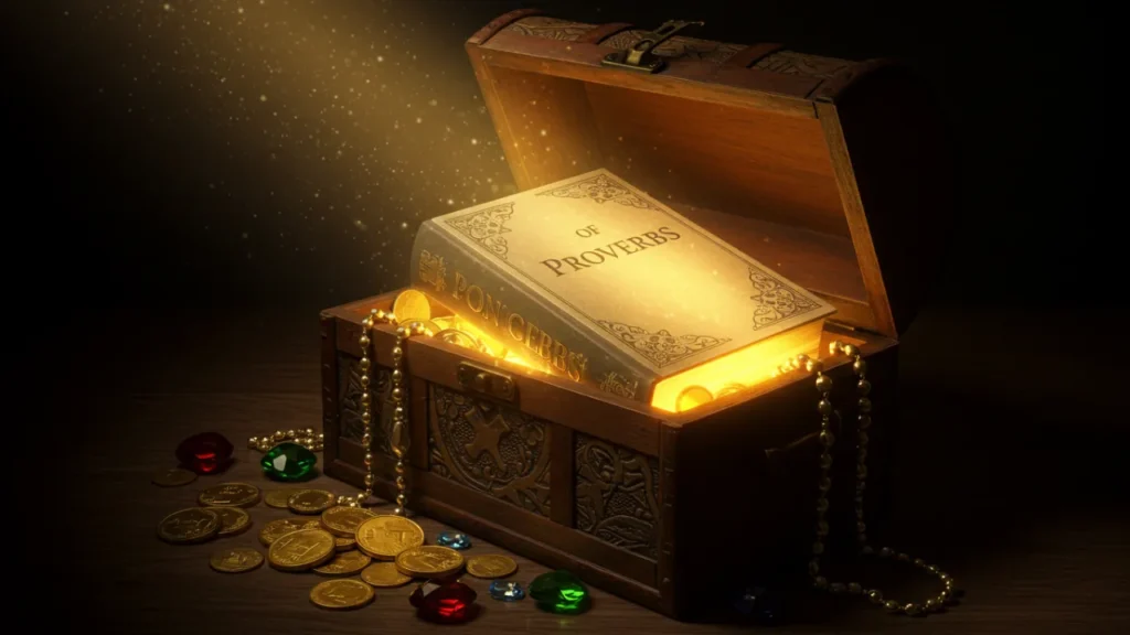 Baú do tesouro aberto com um livro de Provérbios e luz celestial