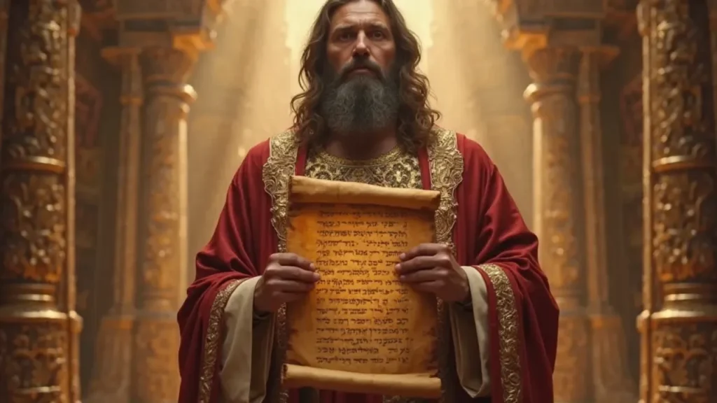 Rei Salomão ensinando sabedoria bíblica com um pergaminho aberto, luz divina e fundo celestial, representando Provérbios 1