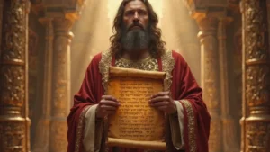 Rei Salomão ensinando sabedoria bíblica com um pergaminho aberto, luz divina e fundo celestial, representando Provérbios 1