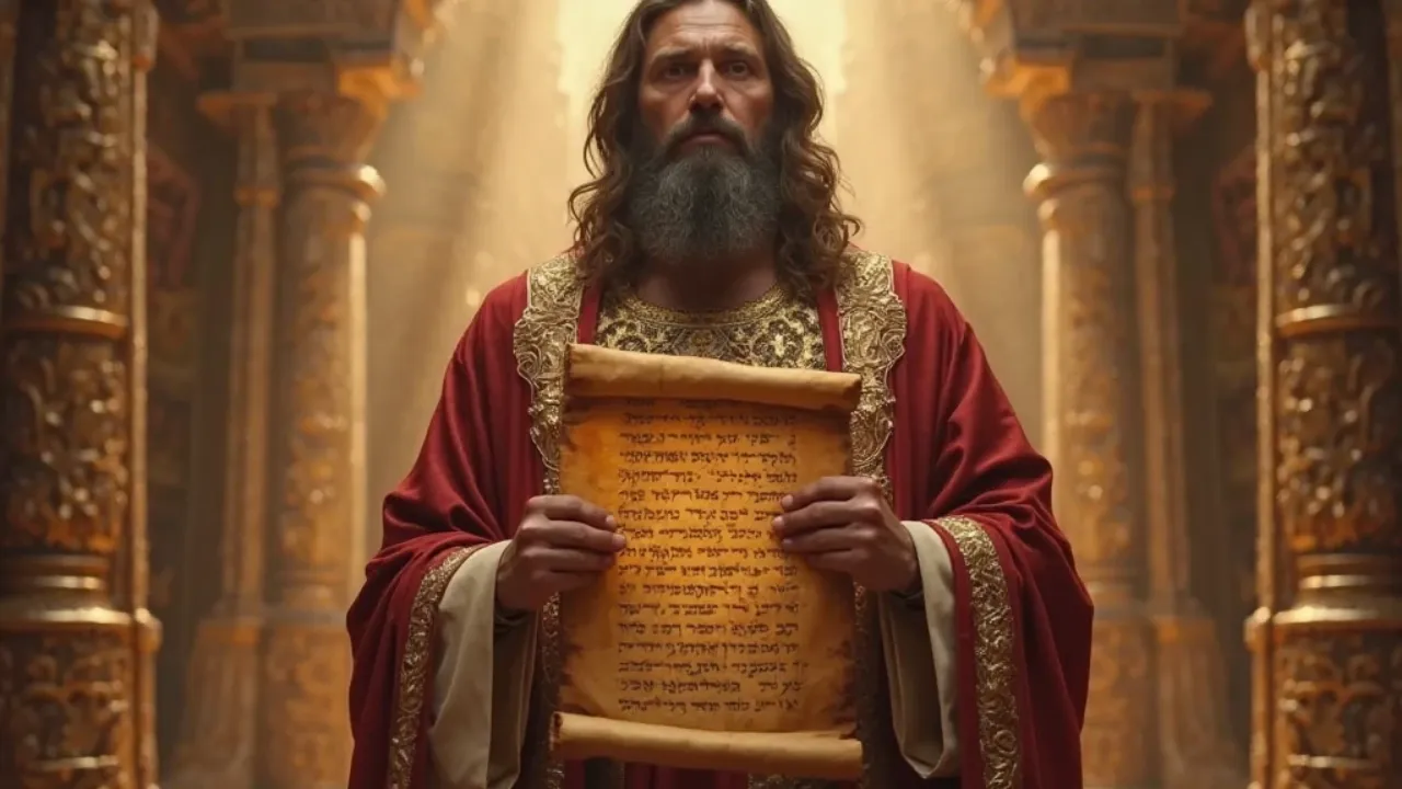 Rei Salomão ensinando sabedoria bíblica com um pergaminho aberto, luz divina e fundo celestial, representando Provérbios 1