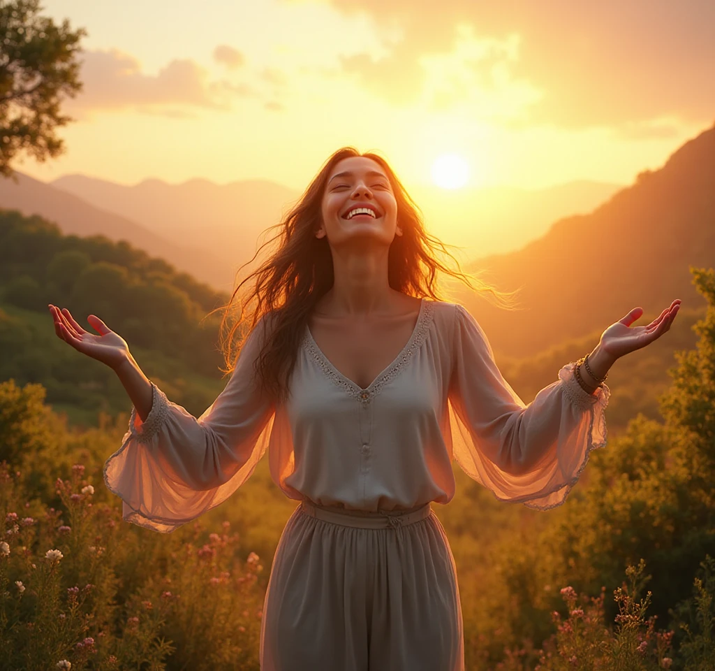 Mulher expressando gratidão após oração para aliviar a ansiedade.