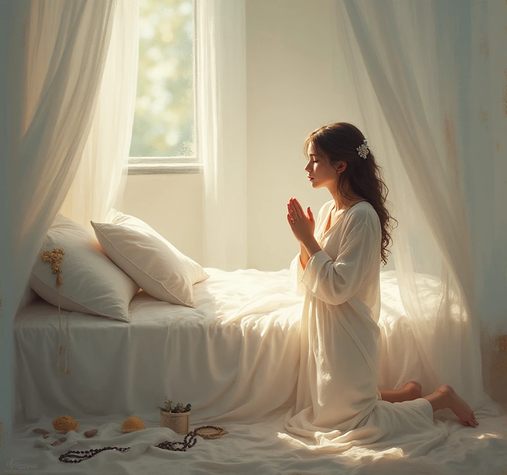 Pessoa orando à noite pedindo paz e um sono tranquilo.
