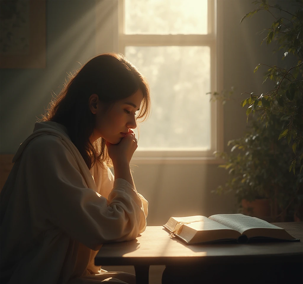Pessoa lendo a Bíblia e refletindo para acalmar pensamentos ansiosos.