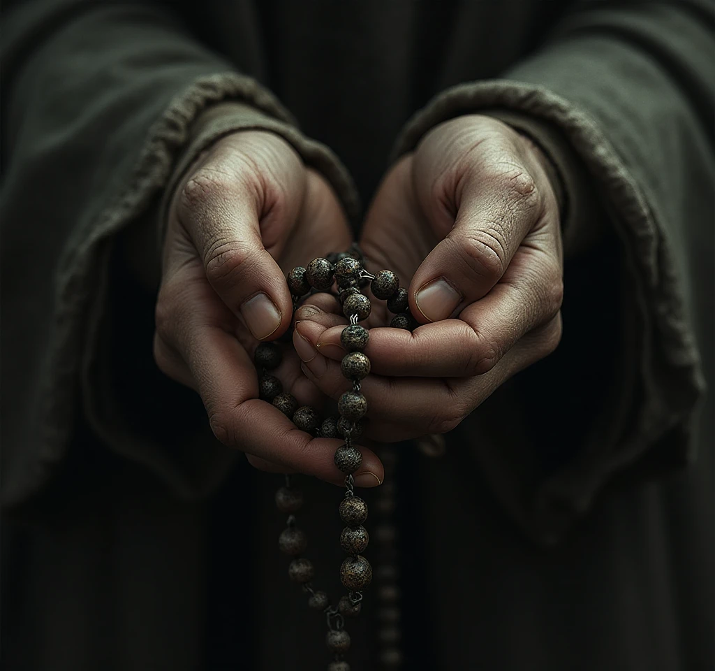 pessoa em posição de oração segurando um terço nas mãos